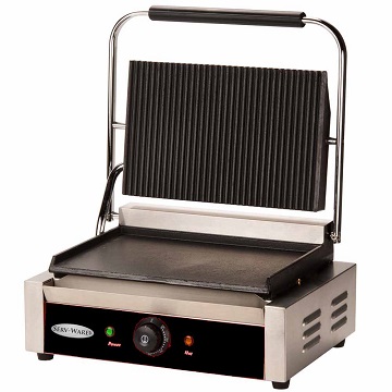 Serv-Ware Single Electric Panini Grill - Grooved Top, Flat Bottom